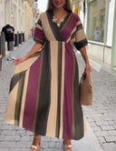 Elegant Irregular Stripe Print Pleated Maxi Dress