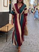 Elegant Irregular Stripe Print Pleated Maxi Dress