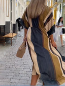 Elegant Irregular Stripe Print Pleated Maxi Dress