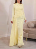 Unique Asymmetric Pleated Long-sleeved Maxi Dress