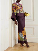 Retro Ethnic Print Satin Twill Maxi Skirt