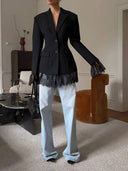 Casual Lace Hem Detail Black Blazer