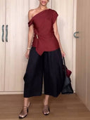 Off-shoulder Irregular Hem Shirt And Wide-leg Pants Suit