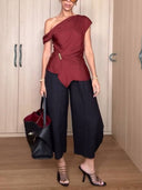 Off-shoulder Irregular Hem Shirt And Wide-leg Pants Suit