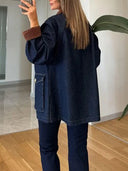 Casual Denim Big Pocket Metal Buckle Loose Coats