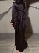 Elegant Satin Draped Long-Sleeve Maxi Dress