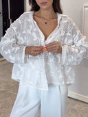 Exquisite Lapel Long Sleeves Embroidered Loose Top