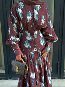 Retro Floral Print Pleated Balloon Sleeve Maxi Dress