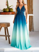 Exquisite Gradient Print V-Neck Flowing Maxi Dress