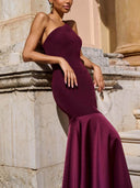 Elegant One-Shoulder Maroon Panel Mermaid Maxi Dress
