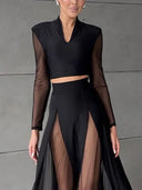 Elegant V-neck Mesh Long-Sleeved T-Shirt