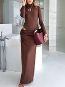 Elegant High-neck Hollow Pleated Slim-fit Maxi Dress