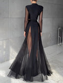 Elegant V-neck Mesh Long-Sleeved T-Shirt