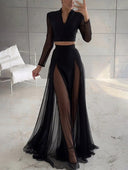 Elegant V-neck Mesh Long-Sleeved T-Shirt