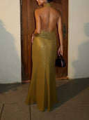 Elegant Gold Halter Neck Ruched Waist Fishtail Maxi Dress