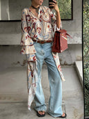 Bohemian Printed Fringe Hem Wide-Leg Pants