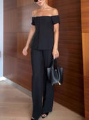 Minimalist Off-shoulder Top And Wide Leg Pants Suit-Top