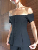 Minimalist Off-shoulder Top And Wide Leg Pants Suit-Top