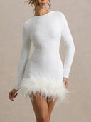 Elegant Sequined Feather Hem Long Sleeve Mini Dress