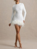 Elegant Sequined Feather Hem Long Sleeve Mini Dress