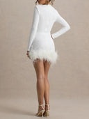 Elegant Sequined Feather Hem Long Sleeve Mini Dress