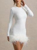 Elegant Sequined Feather Hem Long Sleeve Mini Dress