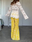 Casual Mesh Plaid Print Flared Pants