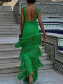 Elegant Solid Color Sleeveless Slim Fit Fringed Hem Knitted Maxi Dress