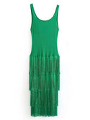 Elegant Solid Color Sleeveless Slim Fit Fringed Hem Knitted Maxi Dress