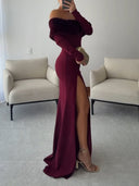 Elegant One-shoulder Plush Patchwork High-slit Maxi Dress