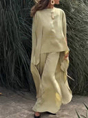 Long Loose Shirt And Side Slit Wide Leg Pants Suit-Shirt