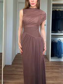 Elegant Asymmetrical Pleated Mesh Short-sleeved Maxi Dress