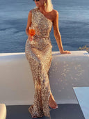Party Sequin One-Shoulder Slit Maxi Dress