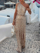 Party Sequin One-Shoulder Slit Maxi Dress