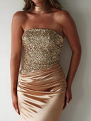 Elegant Sequined Satin Side Slit Dress