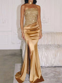 Elegant Sequined Satin Side Slit Dress