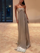 Metallic Pleated Off-The-Shoulder Maxi Dress