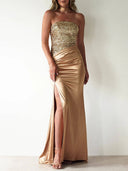 Elegant Sequined Satin Side Slit Dress