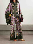 Retro Fine Satin Floral Print Wide-Leg Pants