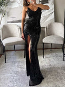 Elegant V-neck Sequined Sexy Slit Maxi Dress