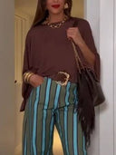 Loose T-Shirt And Striped Printed Pants Set-Top