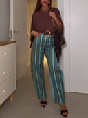 Loose T-Shirt And Striped Printed Pants Set-Top
