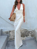 Exquisite Modern Day Glam Satin Lace Trim V-neck Cross Back Maxi Dress
