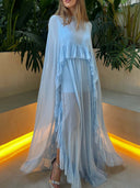 Elegant V-neck Side Slit Ruffled Chiffon Flowy Maxi Dress
