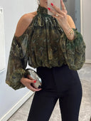 Retro Paisley-print Chiffon Off-the-shoulder Shirt