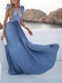 Elegant V-neck Open Back Pleated Ruffle Maxi Dress
