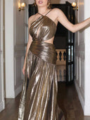 Elegant One-shoulder Glittering Gold High-slit Maxi Dress