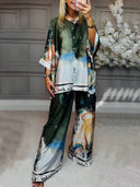 Unique Satin Roman Print Elastic-Waist Wide-Leg Pants