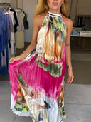 Unique Abstract Landscape Print Pleated Maxi Dress