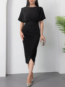Elegant Round Neck Silver Polka Dot Print Slit Dress